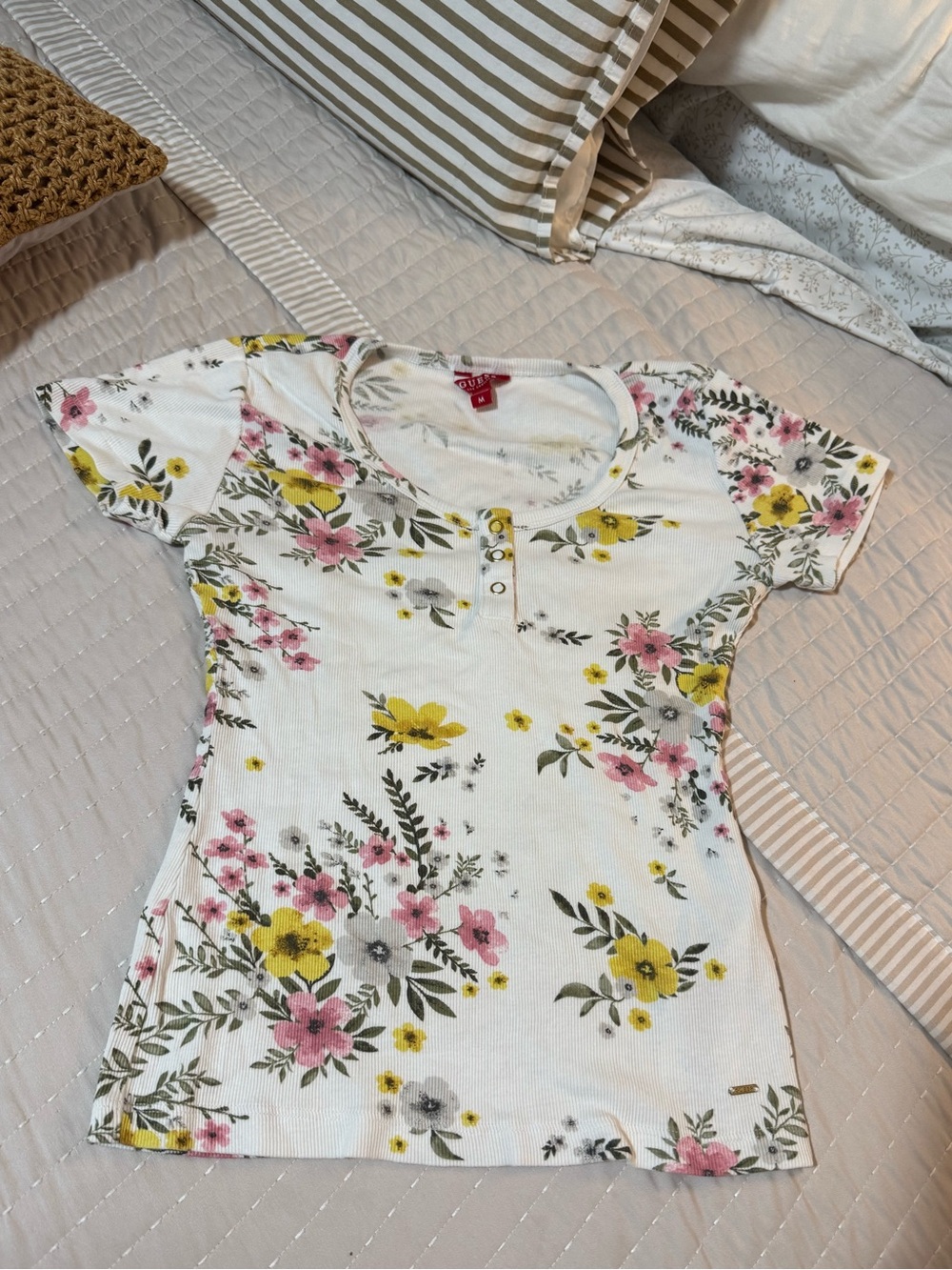 Guess White Short Sleeve Henley Top with Yellow & Pink Floral Print